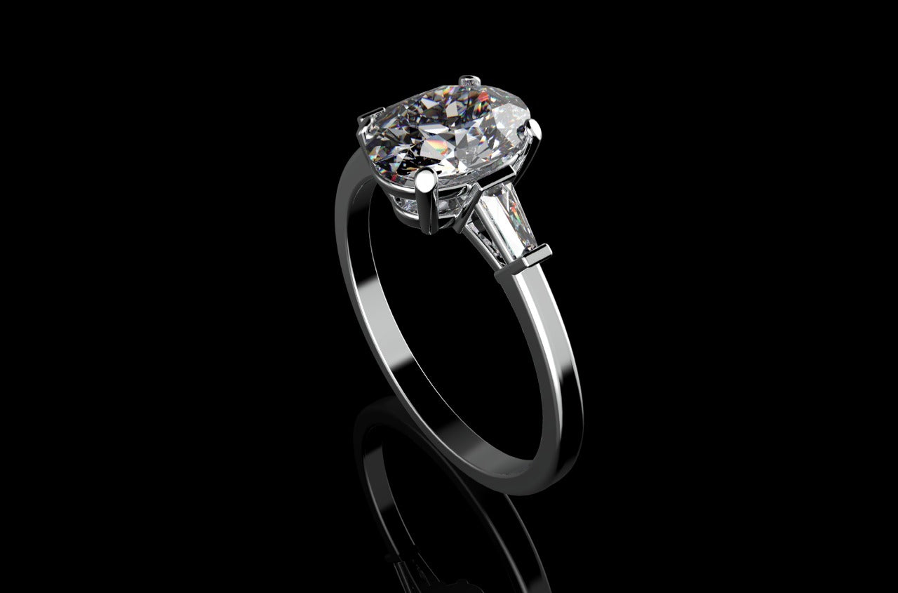 18k white gold custom made oval shape diamond engagement ring with tapered baguette side accent diamonds