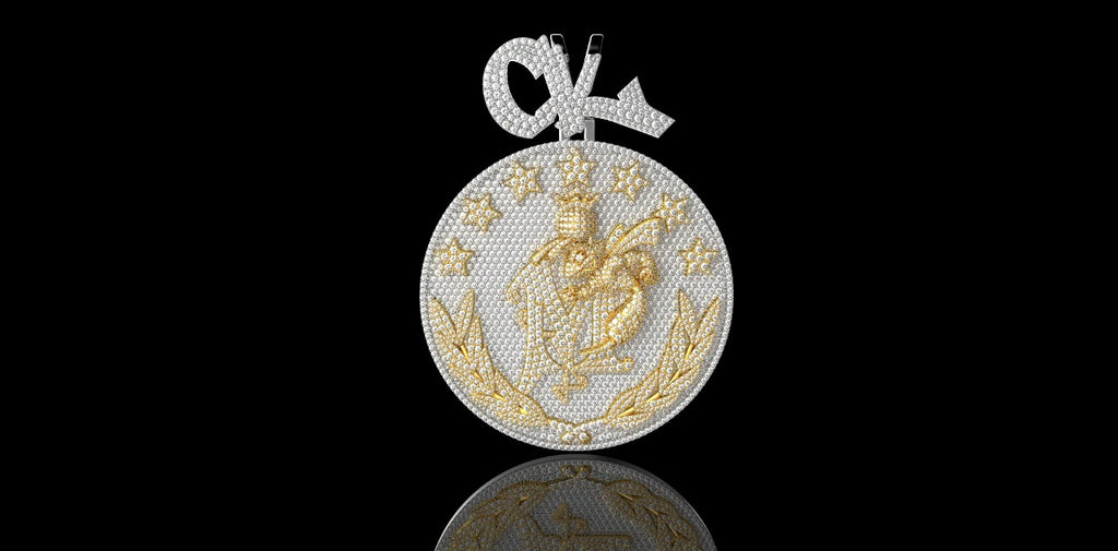 14K 2 TONE YELLOW AND WHITE GOLD LARGE CUSTOM DOUBLE LAYER "CM BUMBLE BEE" STYLE DIAMOND MEDALLION PENDANT