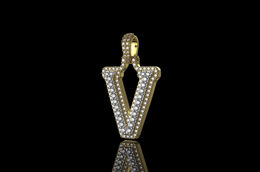 14k 2 tone yellow and white gold double layer initial V diamond pendant