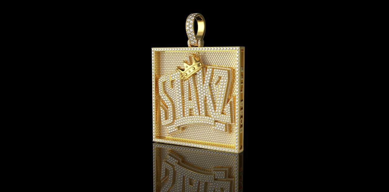 14K YELLOW GOLD CUSTOM LARGE SQUARE "DJ STACKS" STYLE DIAMOND PENDANT