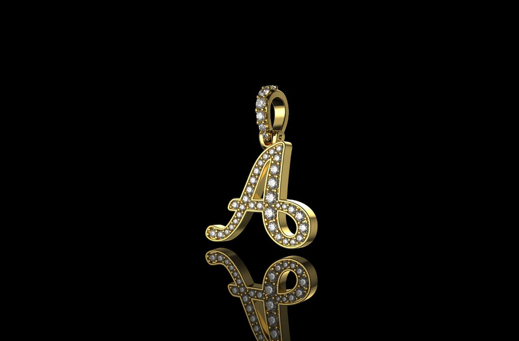 14k yellow gold single layer Script initial A diamond pendant