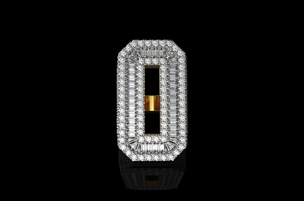 14k 2 tone yellow and white gold custom 3d initil "O" baguette and round diamond ring