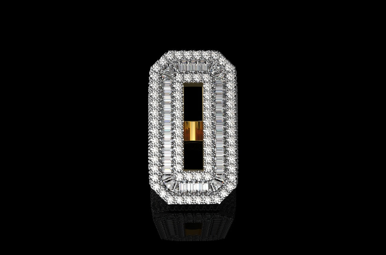 14k 2 tone yellow and white gold custom 3d initil "O" baguette and round diamond ring