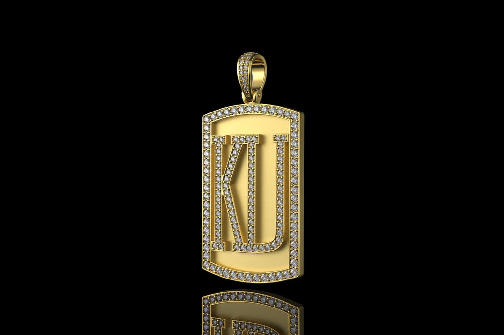 14k yellow gold custom "KU" style diamond dog tag pendant