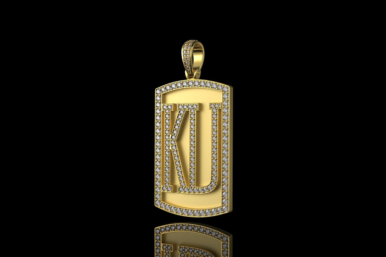 14k yellow gold custom "KU" style diamond dog tag pendant
