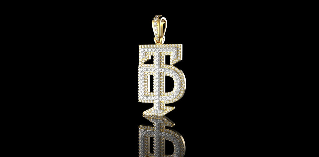 14k 2 tone white and yellow gold double layer initial "TD" diamond pendant