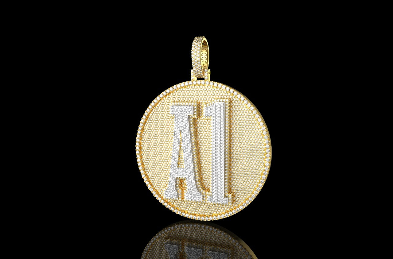14K 2 TONE YELLOW AND WHITE GOLD LARGE 3D CUSTOM "A1" STYLE DIAMOND PENDANT