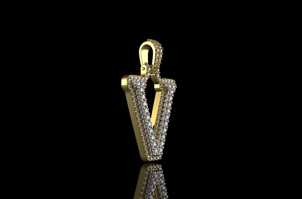 14k 2 tone yellow and white gold double layer initial V diamond pendant
