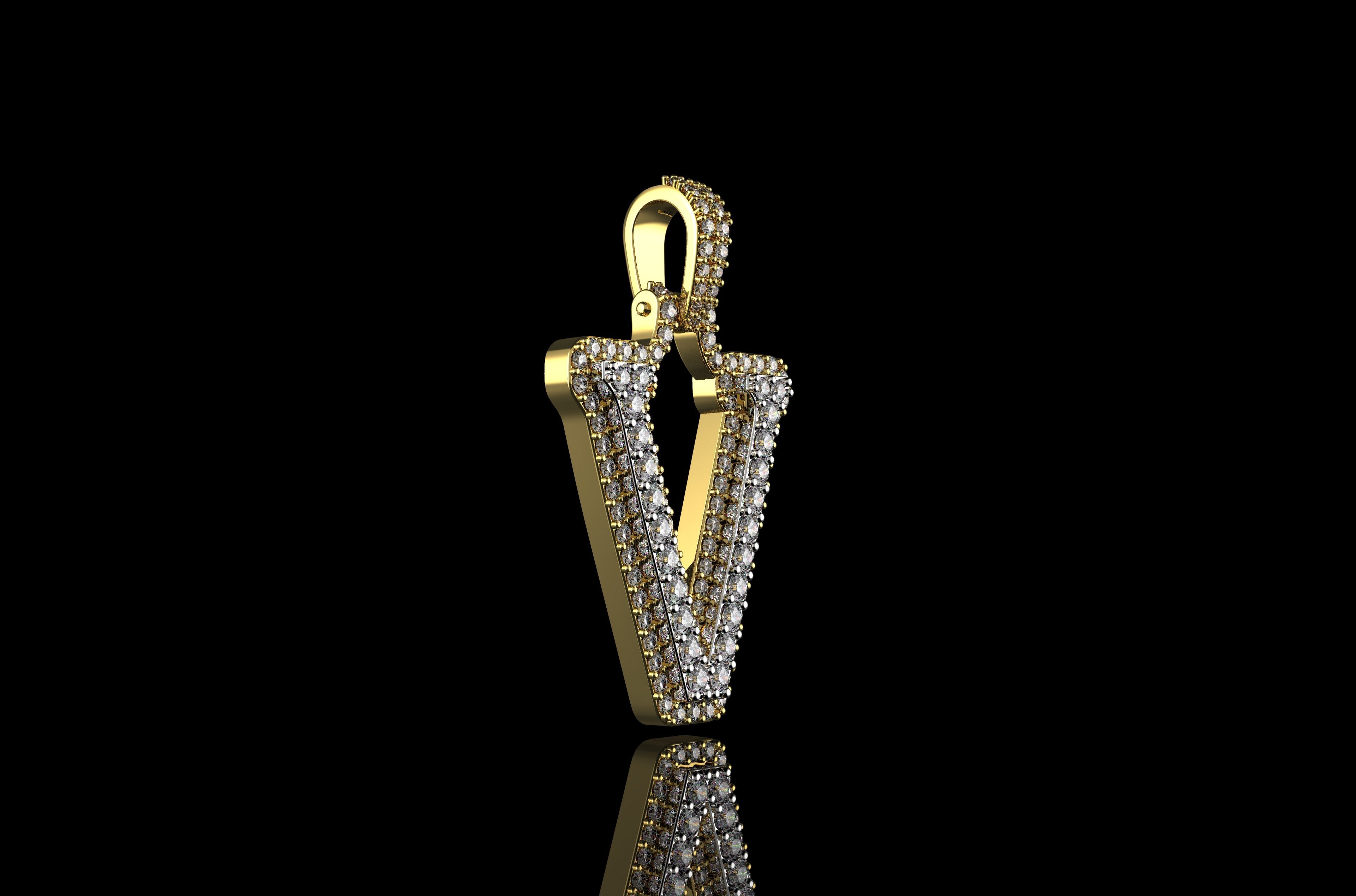 14k 2 tone yellow and white gold double layer initial V diamond pendant