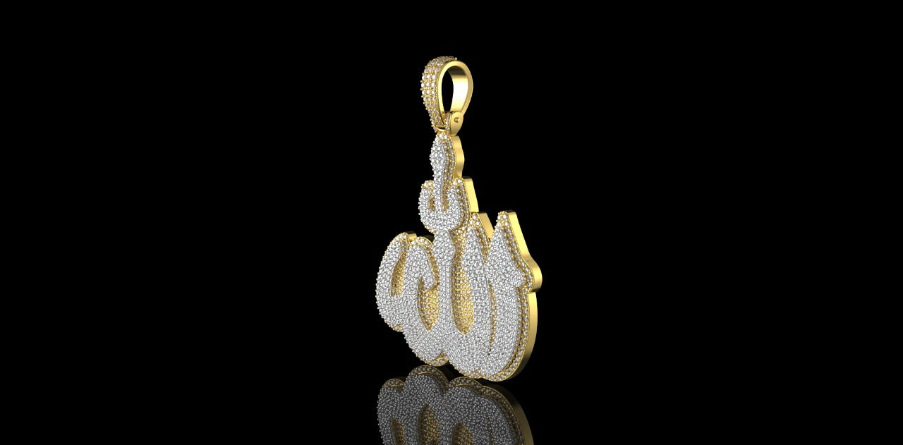 14k 2 tone yellow and white gold double layer diamond ALLAH Pendant