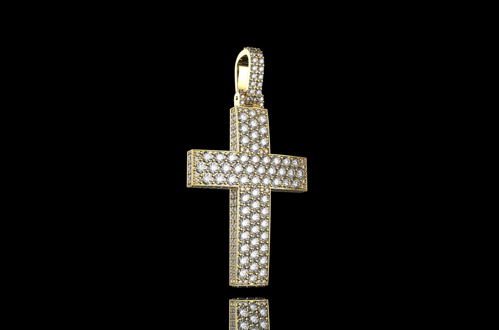 14k yellow gold large custom dome 3d diamond cross with profile diamonds