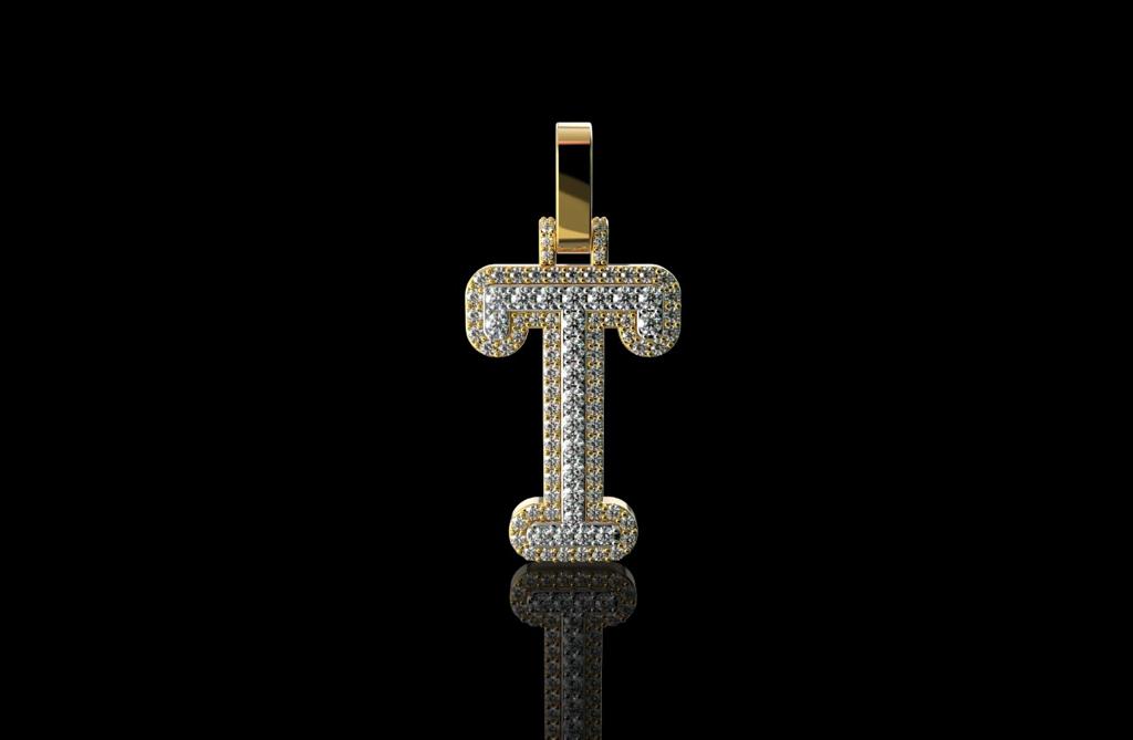 14k 2 tone yellow and white gold double layer initial T diamond pendant