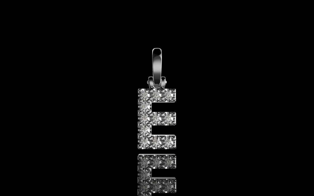 14k white gold custom small single row intial "e" diamond pendant