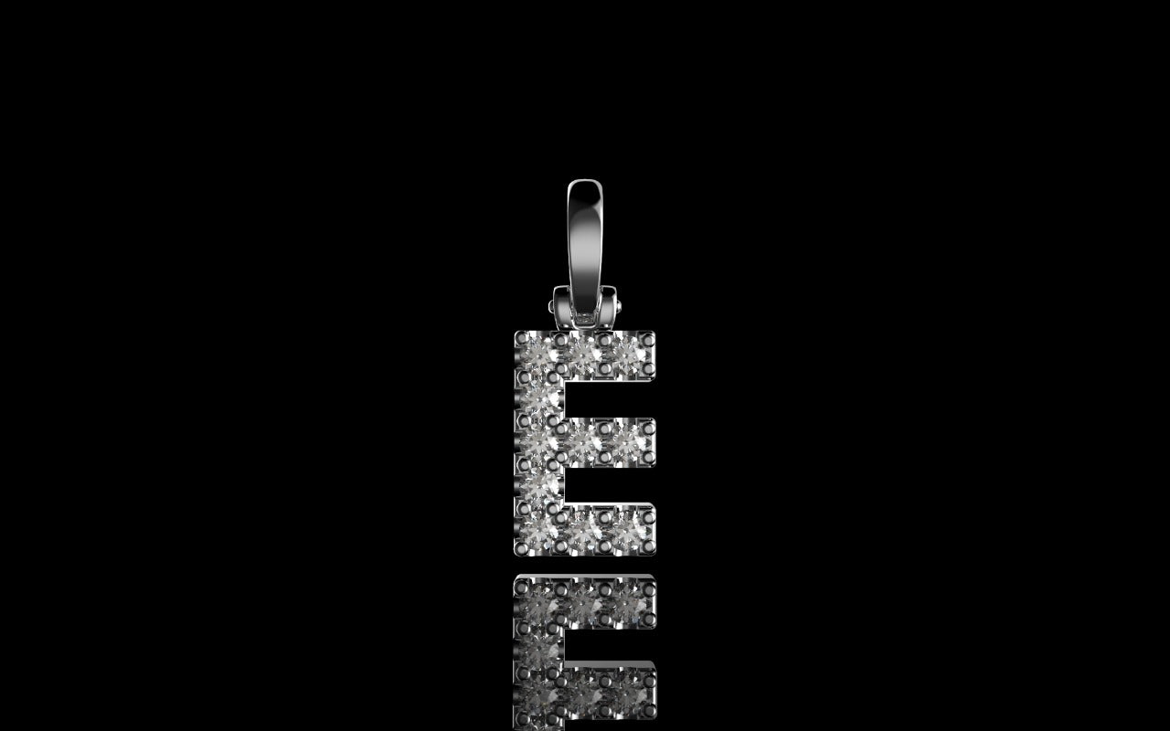 14k white gold custom small single row intial "e" diamond pendant