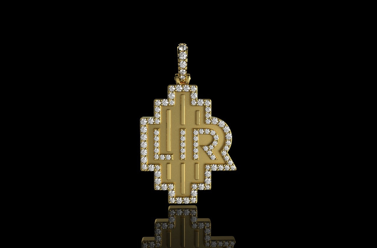 14k yellow gold double layer 3d custom "LIR" style diamond pendant