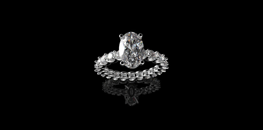 18K WHITE GOLD CUSTOM DIAMOND ETERNITY BAND ENGAGEMENT RING WITH OVAL CENTER STONE