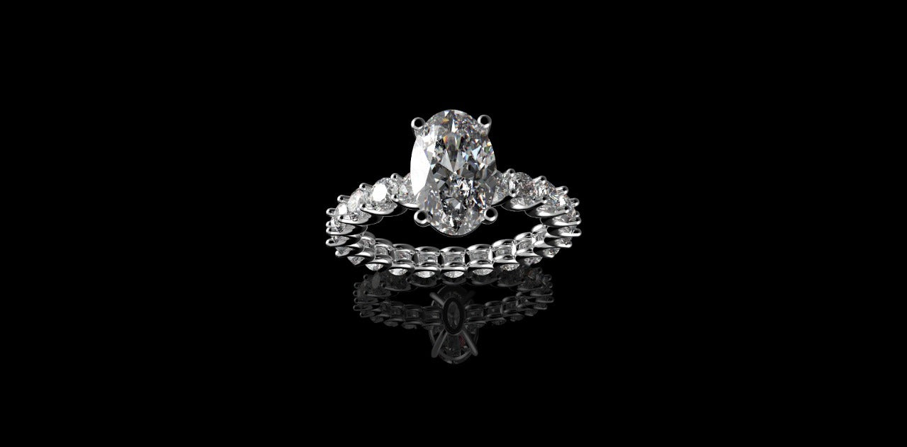 18K WHITE GOLD CUSTOM DIAMOND ETERNITY BAND ENGAGEMENT RING WITH OVAL CENTER STONE