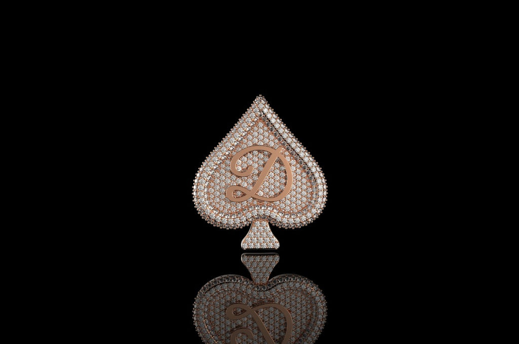 14k rose gold 3d spade initial "d" style diamond pendant