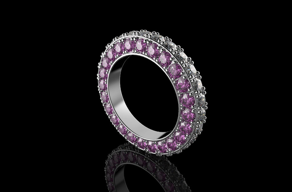 18k white gold custom 3 row 3d pink sapphire and diamond eternity band