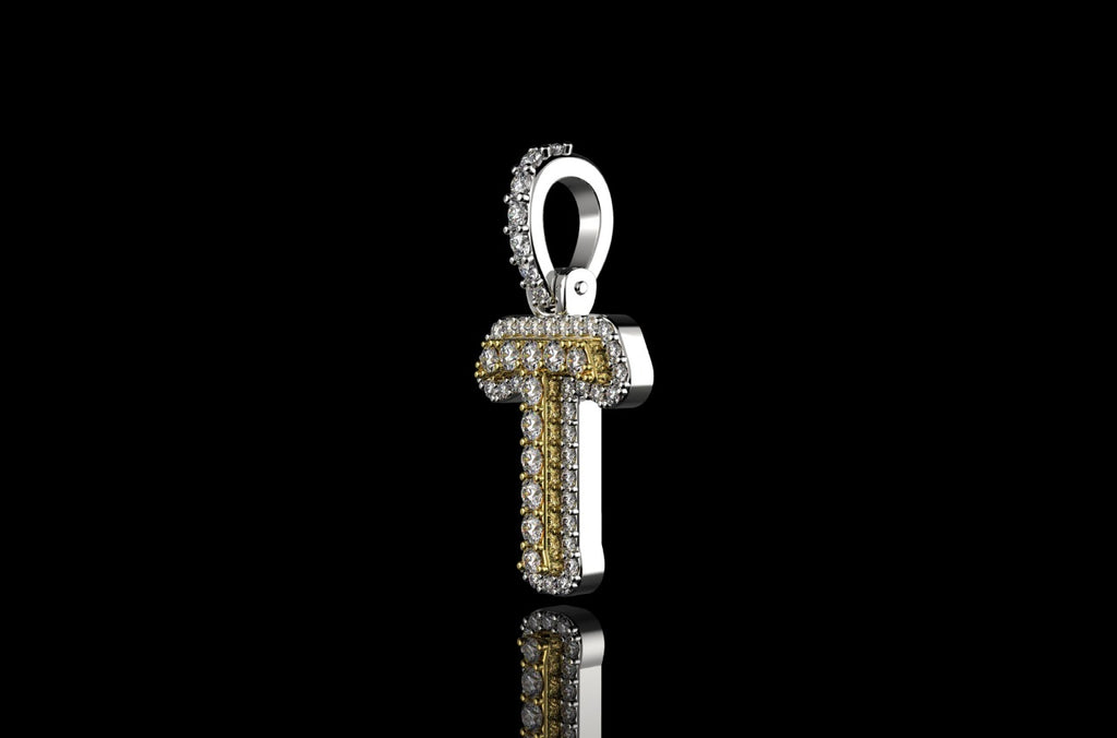 14k 2 tone yellow and white gold double layer small initial T diamond pendant