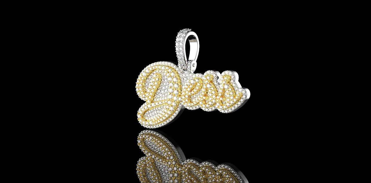 14K 2 TONE YELLOW AND WHITE GOLD DOUBLE LAYER CUSTOM "DESS" STYLE DIAMOND PENDANT