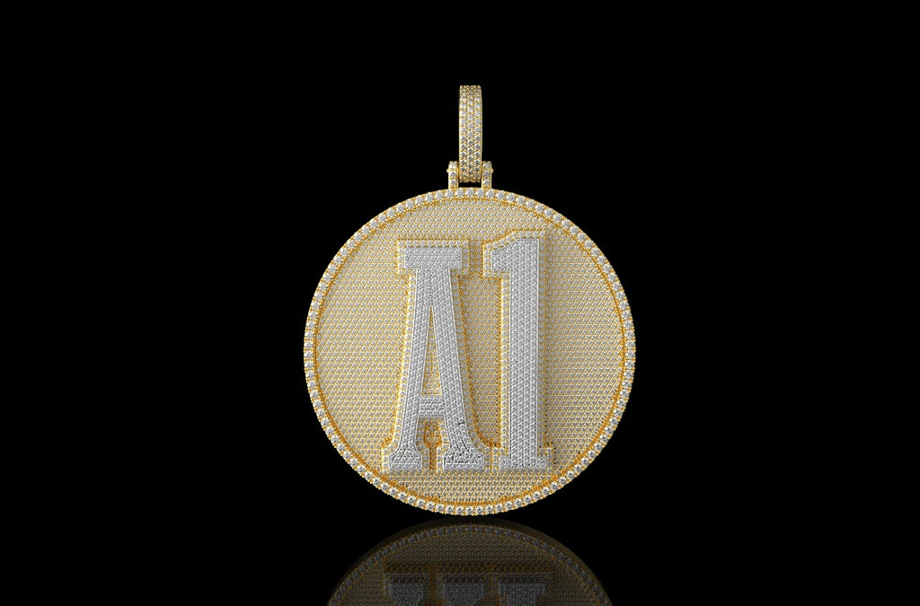 14K 2 TONE YELLOW AND WHITE GOLD LARGE 3D CUSTOM "A1" STYLE DIAMOND PENDANT