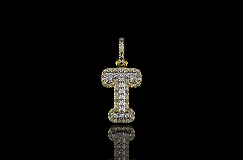14k 2 tone yellow and white gold double layer small initial T diamond pendant