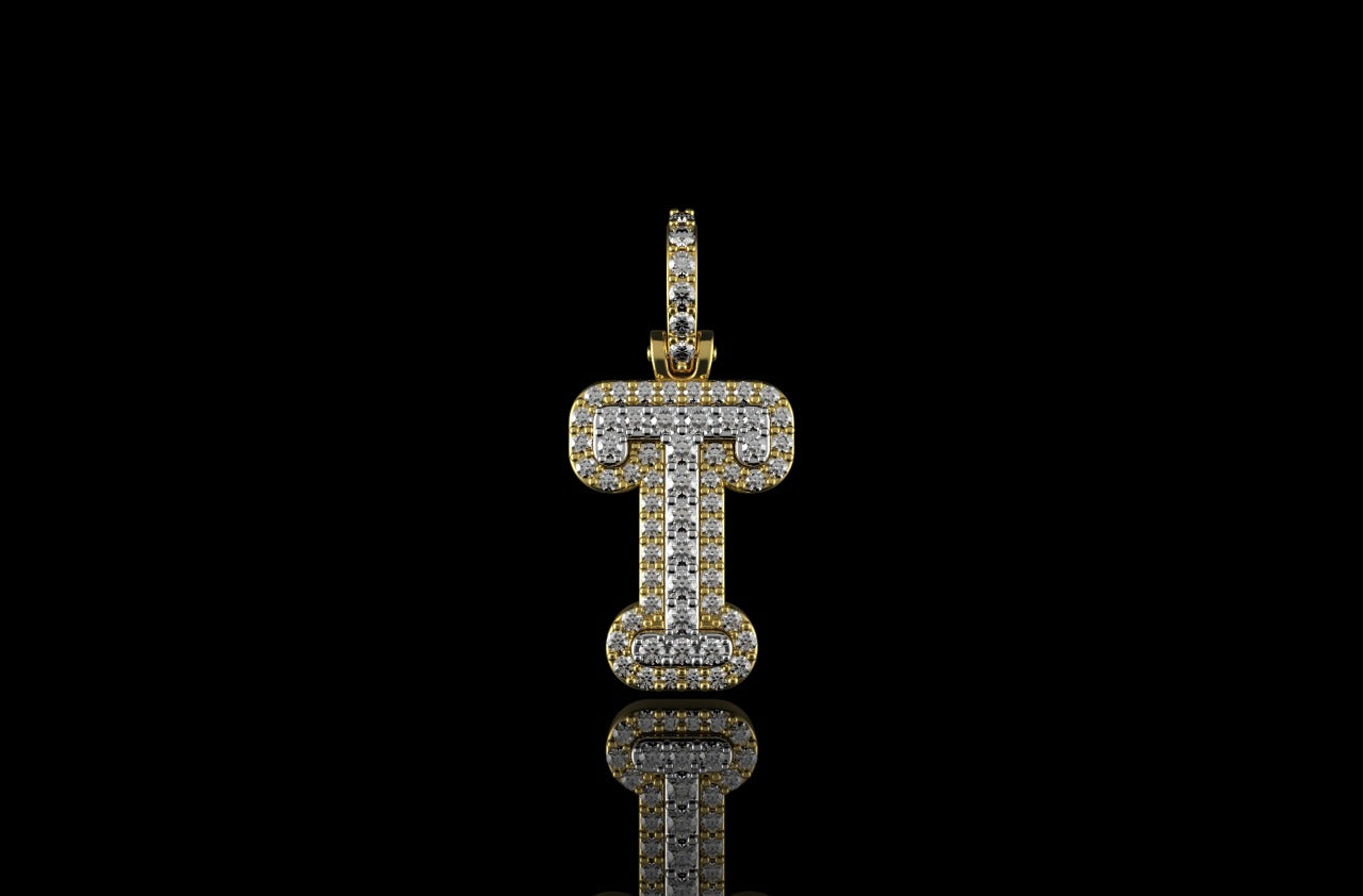 14k 2 tone yellow and white gold double layer small initial T diamond pendant