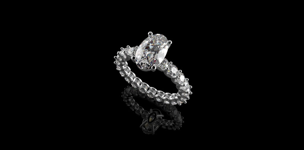 18K WHITE GOLD CUSTOM DIAMOND ETERNITY BAND ENGAGEMENT RING WITH OVAL CENTER STONE