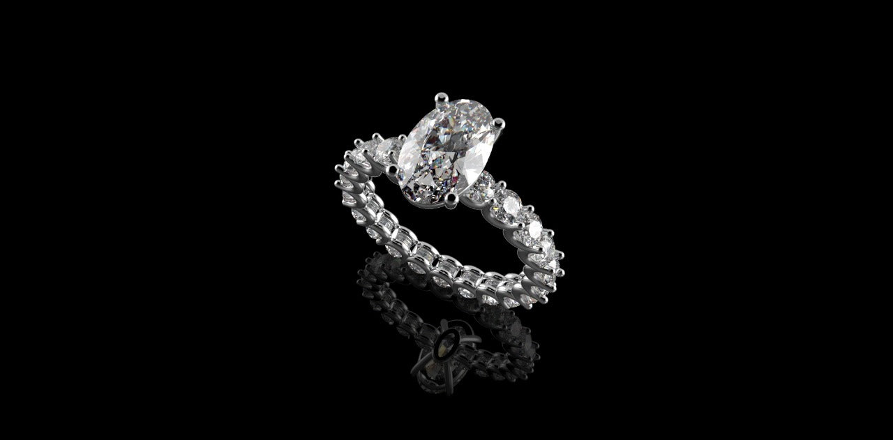 18K WHITE GOLD CUSTOM DIAMOND ETERNITY BAND ENGAGEMENT RING WITH OVAL CENTER STONE