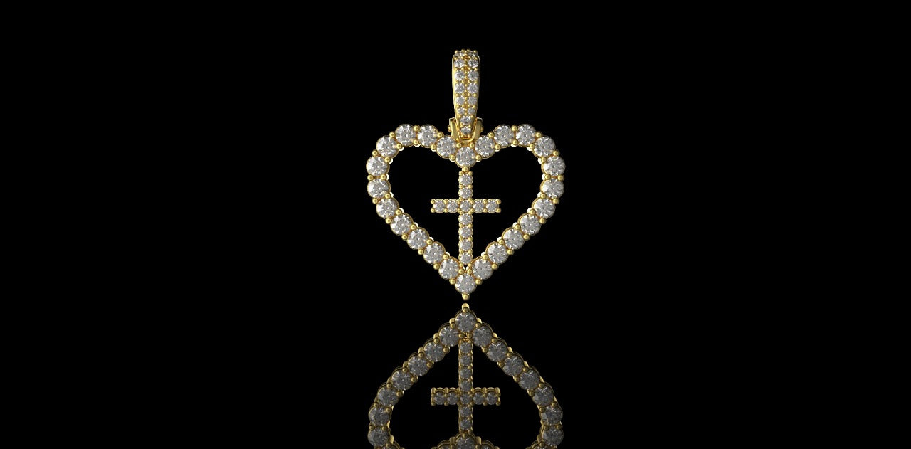14K YELLOW GOLD CUSTOM DIAMOND HEART WITH CROSS PENDANT