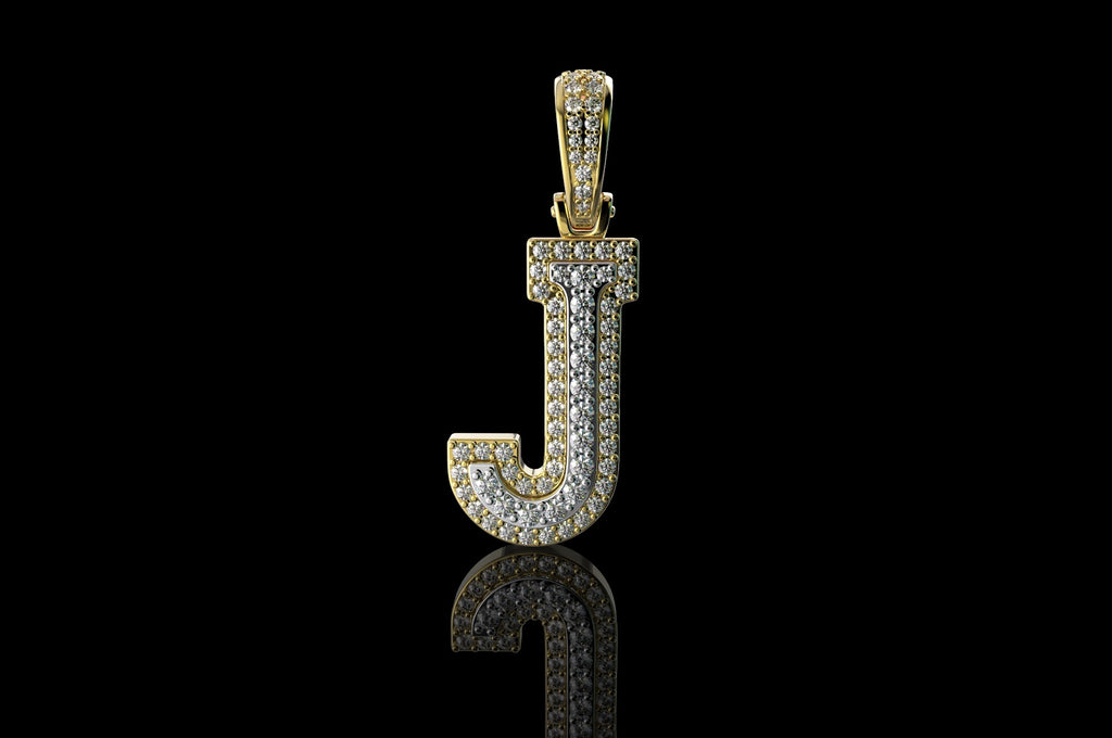 14k 2 tone yellow and white gold double layer initial J diamond pendant