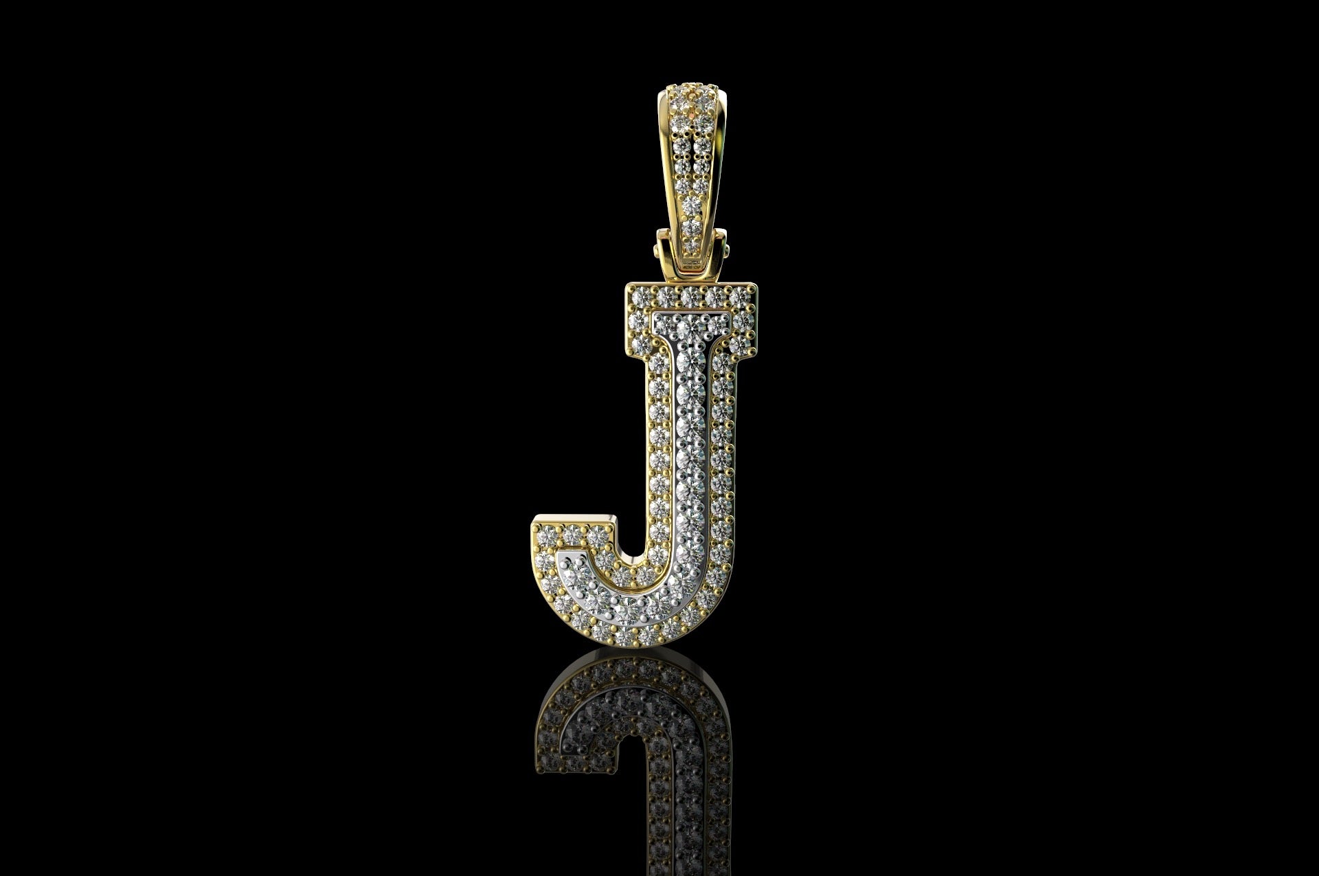 14k 2 tone yellow and white gold double layer initial J diamond pendant