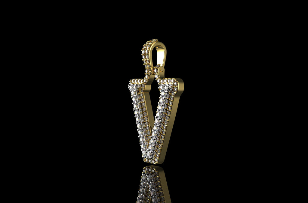 14k 2 tone yellow and white gold double layer initial V diamond pendant
