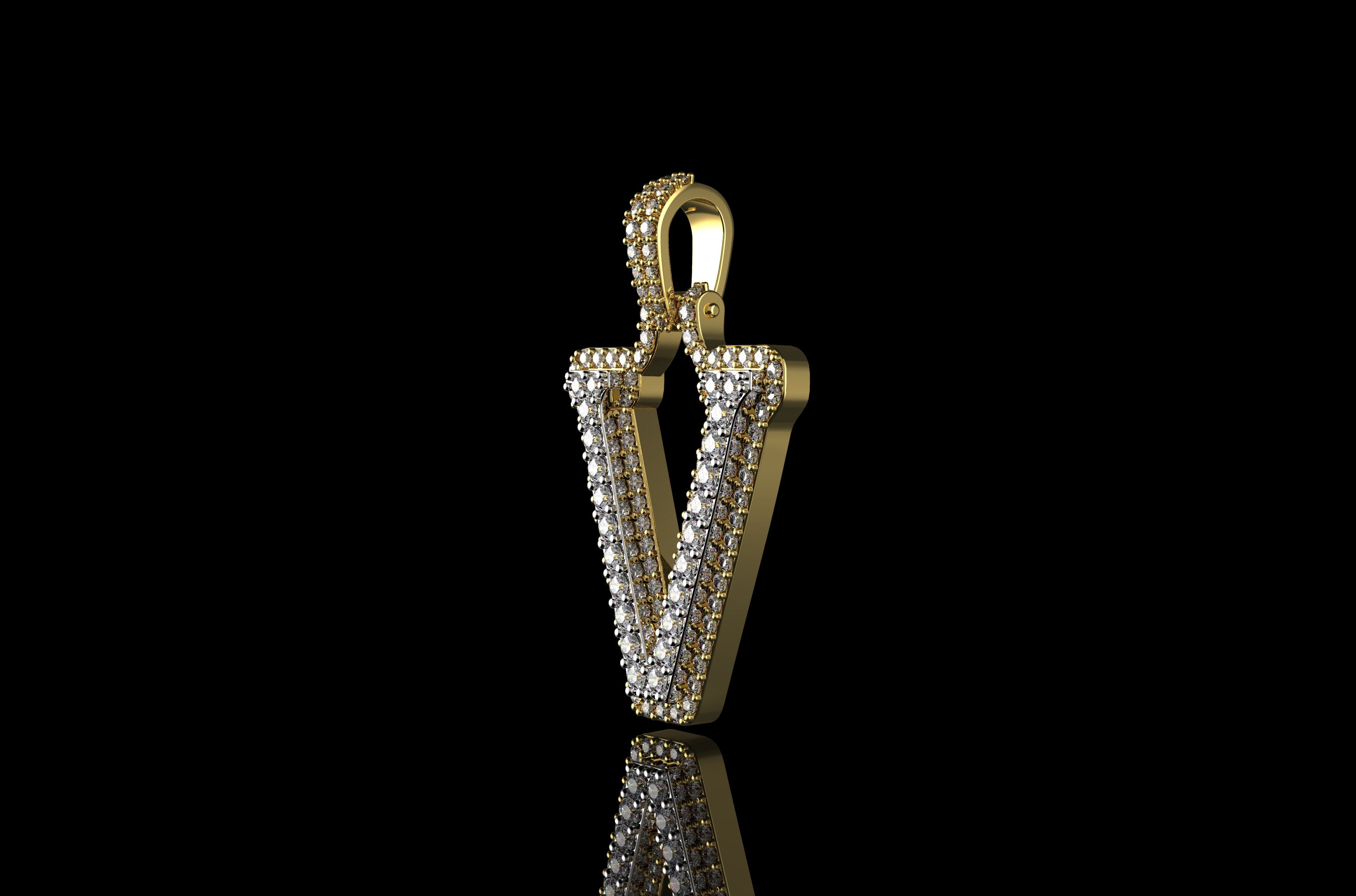 14k 2 tone yellow and white gold double layer initial V diamond pendant