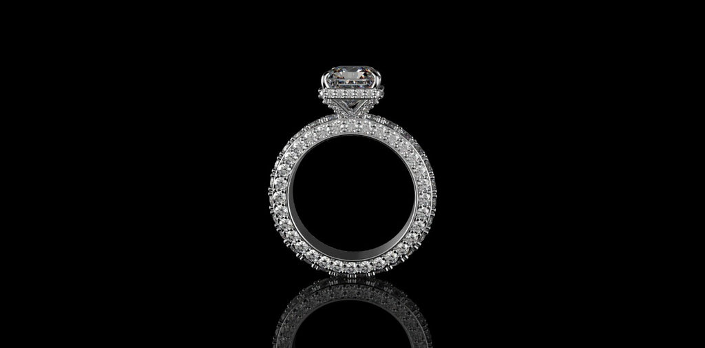 18K WHITE GOLD CUSTOM RADIANT CUT DIAMOND ENGAMEMENT RING 3D DIAMOND ETERNITY