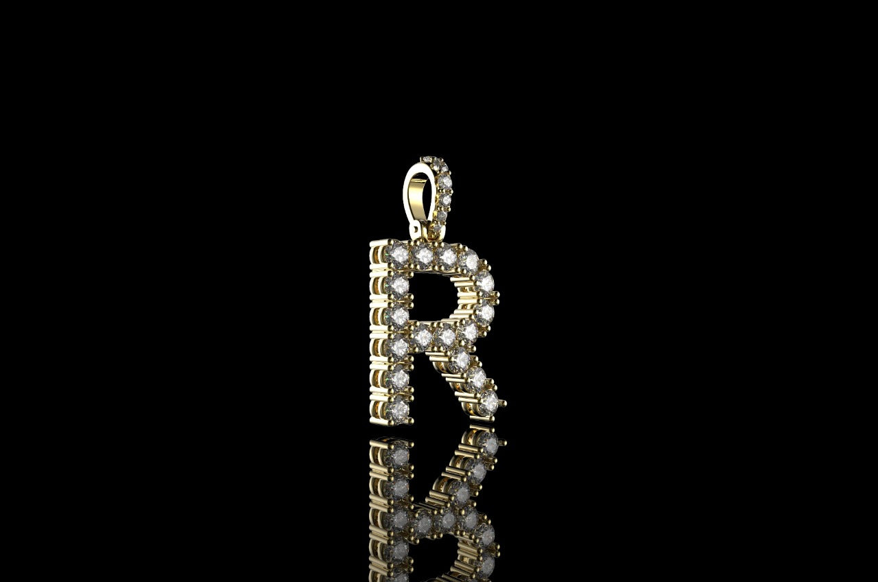 14k yellow gold custom diamond "R" initial pendant