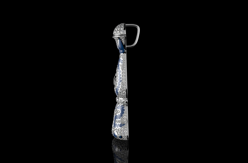 14k white gold custom diamond "azul" bottle pendant with blue enamel