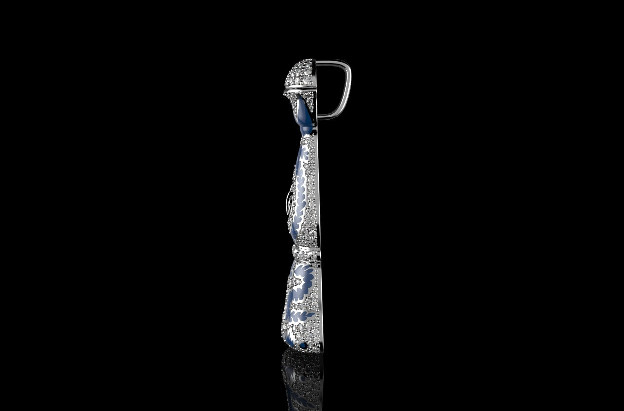 14k white gold custom diamond "azul" bottle pendant with blue enamel