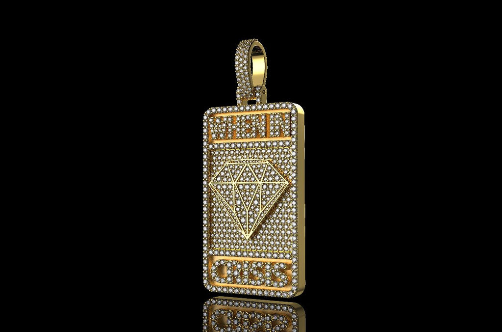 14k yellow gold custom 3d "when in crisis" style diamond dog tag pendant