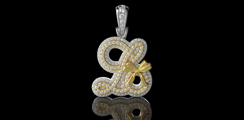 14K 2 TONE YELLOW AND WHITE GOLD CUSTOM "LO BOWTIE" STYLE DIAMOND PENDANT