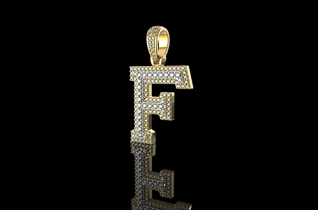 14k 2 tone yellow and white gold double layer initial F diamond pendant