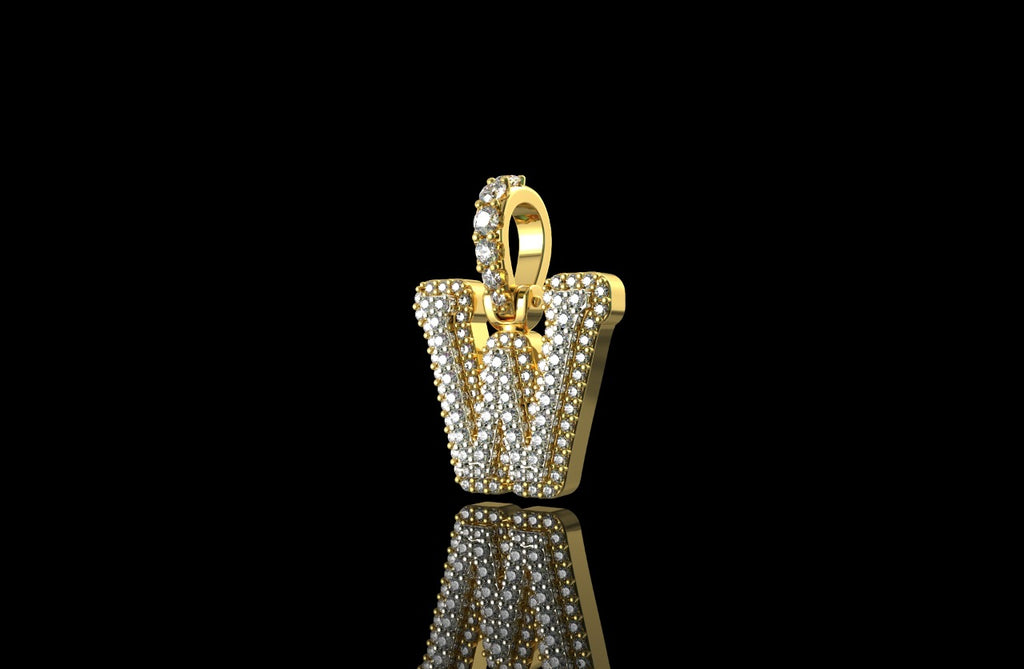 14k 2 tone yellow and white gold double layer small initial W diamond pendant