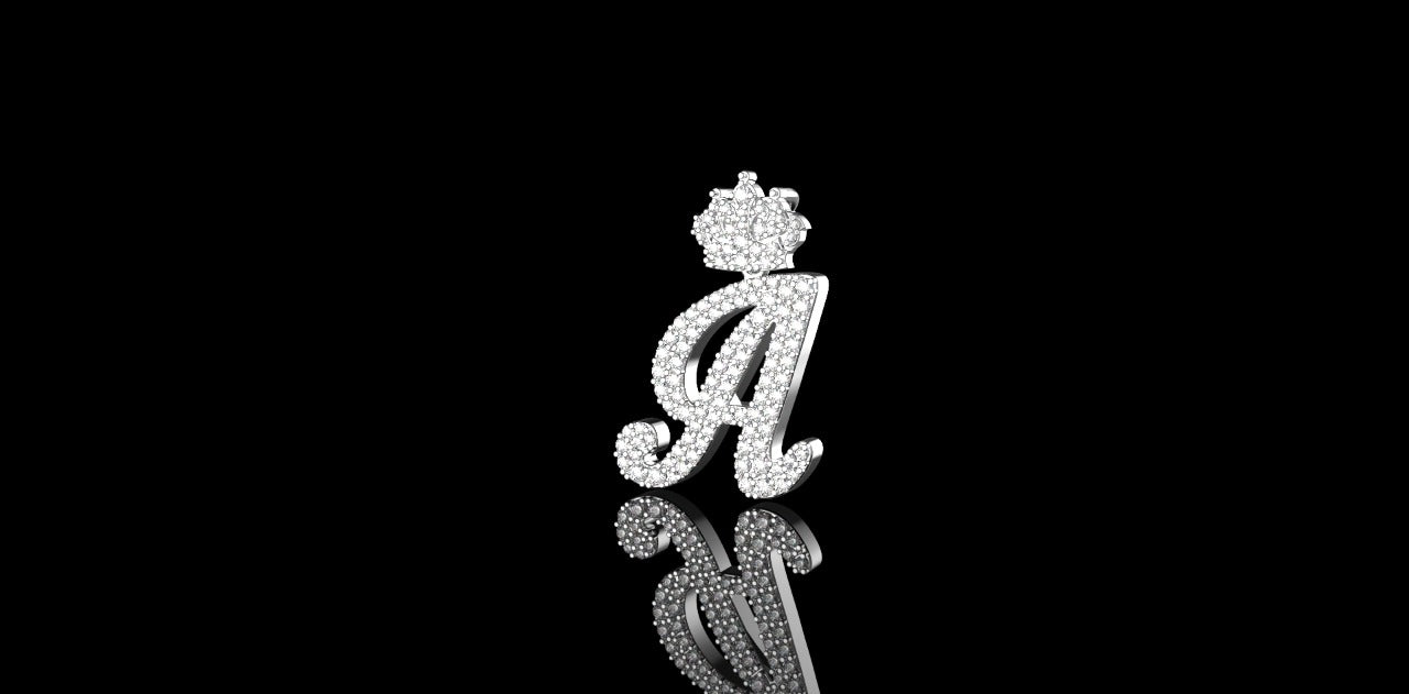 14K WHITE GOLD CUSTOM DIAMOND INTIAL "A" WITH "DIAMOND CROWN" STYLE PENDANT