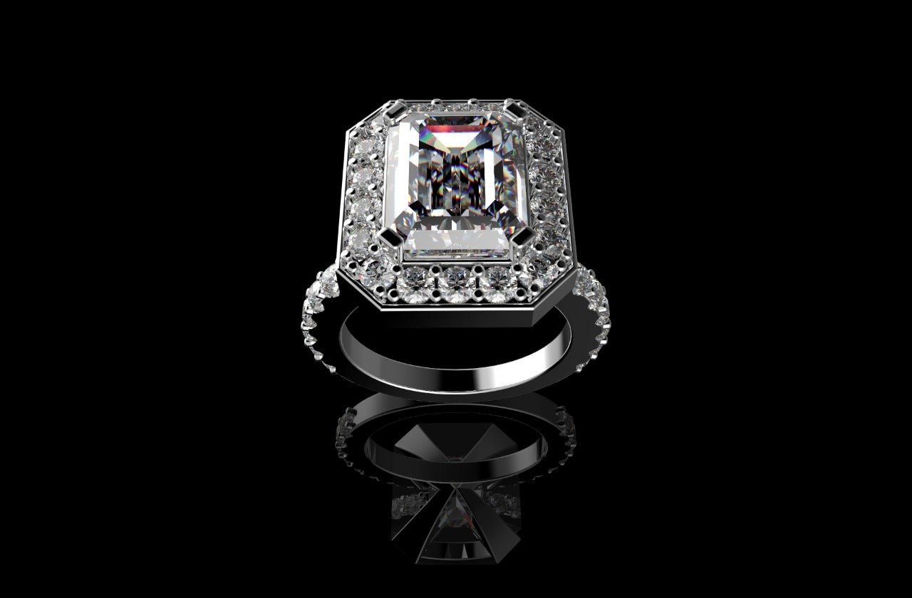 18k white gold custom emerald cut halo diamond engagement ring prong setting