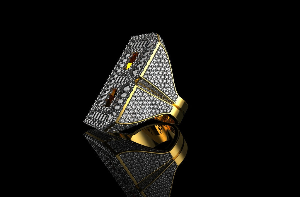 14k yellow gold custom initial "b" style baguette diamond and round diamond ring