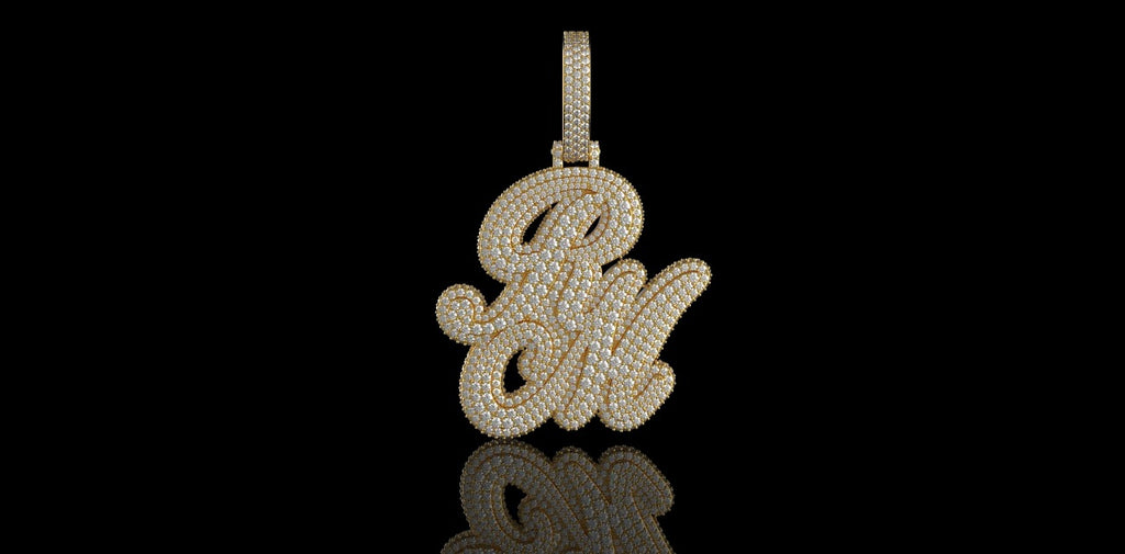 14K YELLOW GOLD CUSTOM 3D "RM" STYLE PENDANT DIAMOND PROFILE
