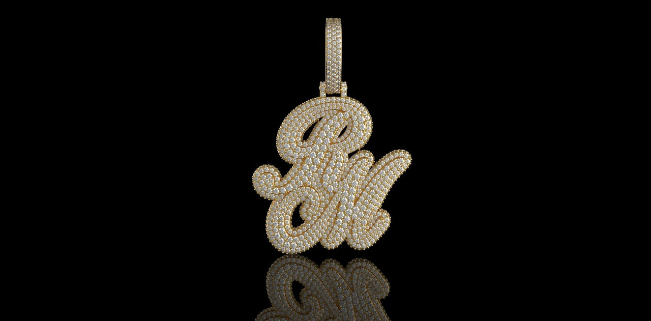 14K YELLOW GOLD CUSTOM 3D "RM" STYLE PENDANT DIAMOND PROFILE