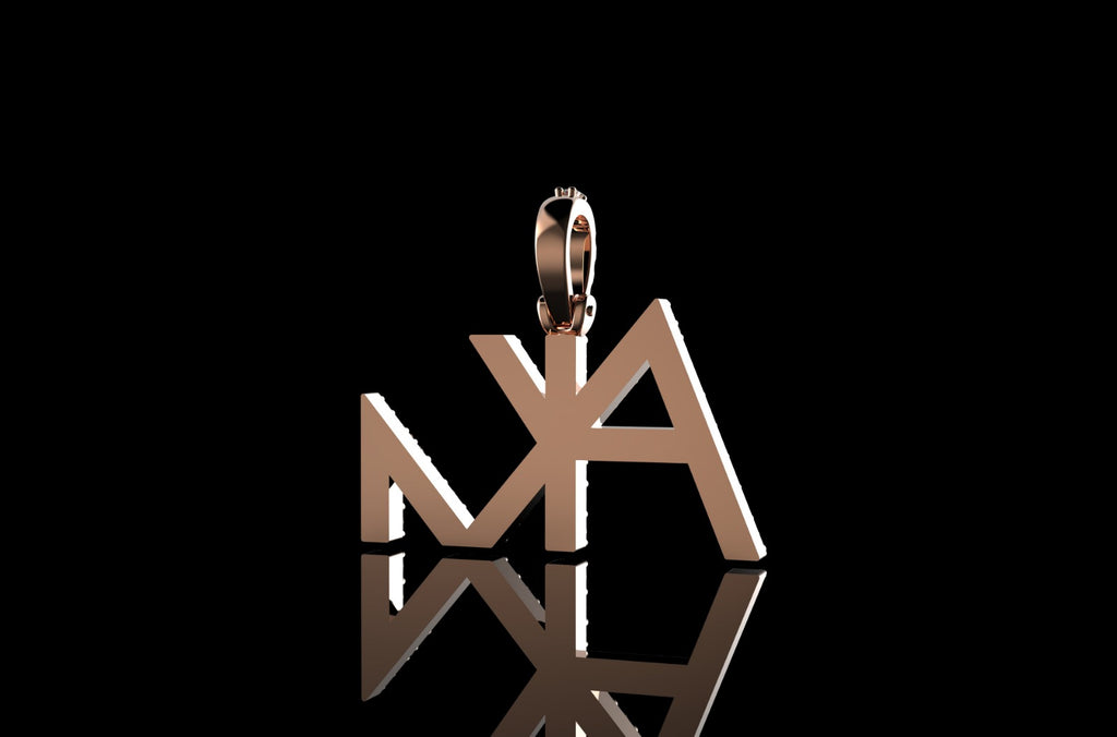 14k rose gold custom "akm" single row style diamond pendant
