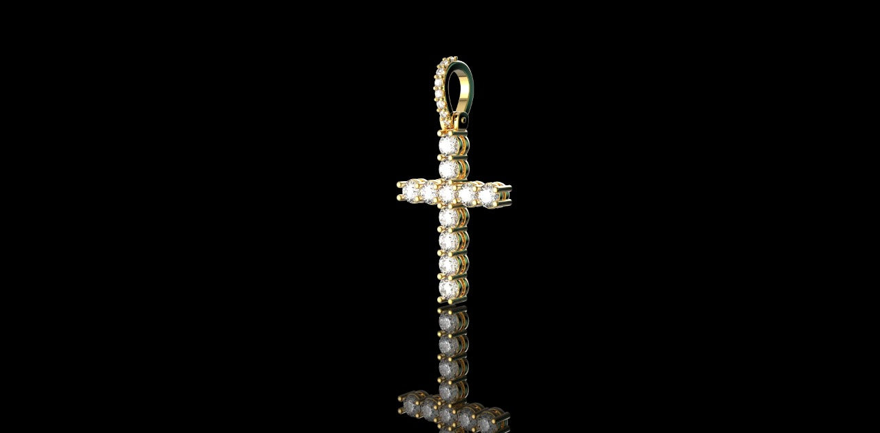 14k Yellow gold diamond prong cross pendant
